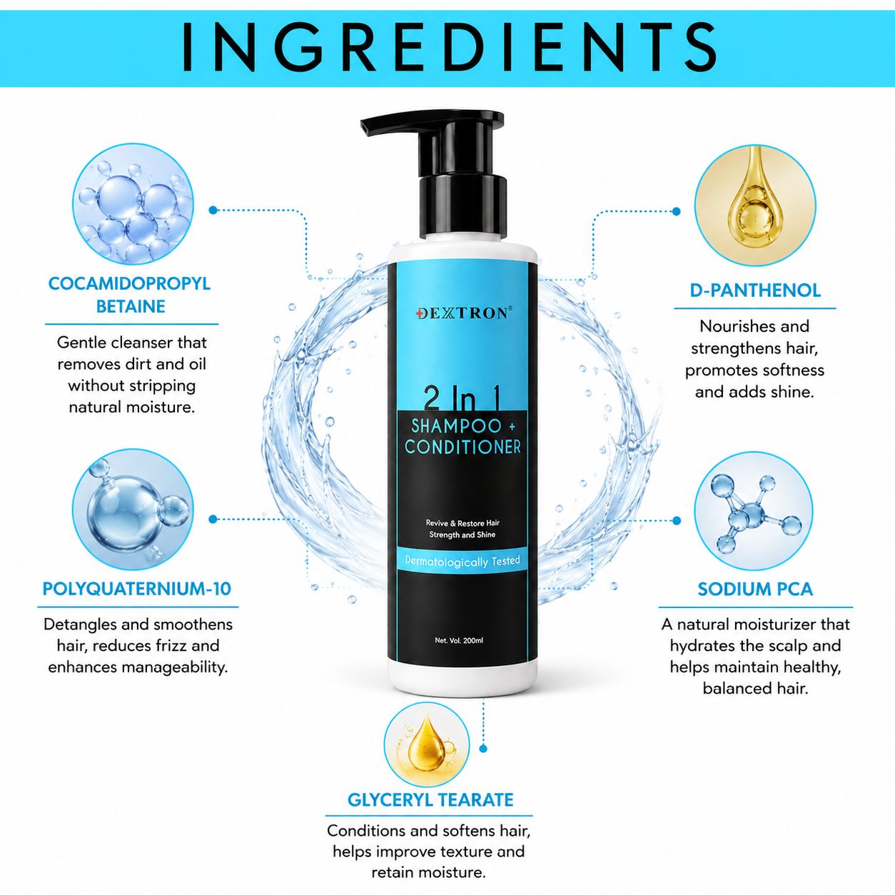 DEXTRON 2 In 1 Shampoo + Conditioner | Hair Strength & Shine Formula | Dermatologically Tested | 200ml