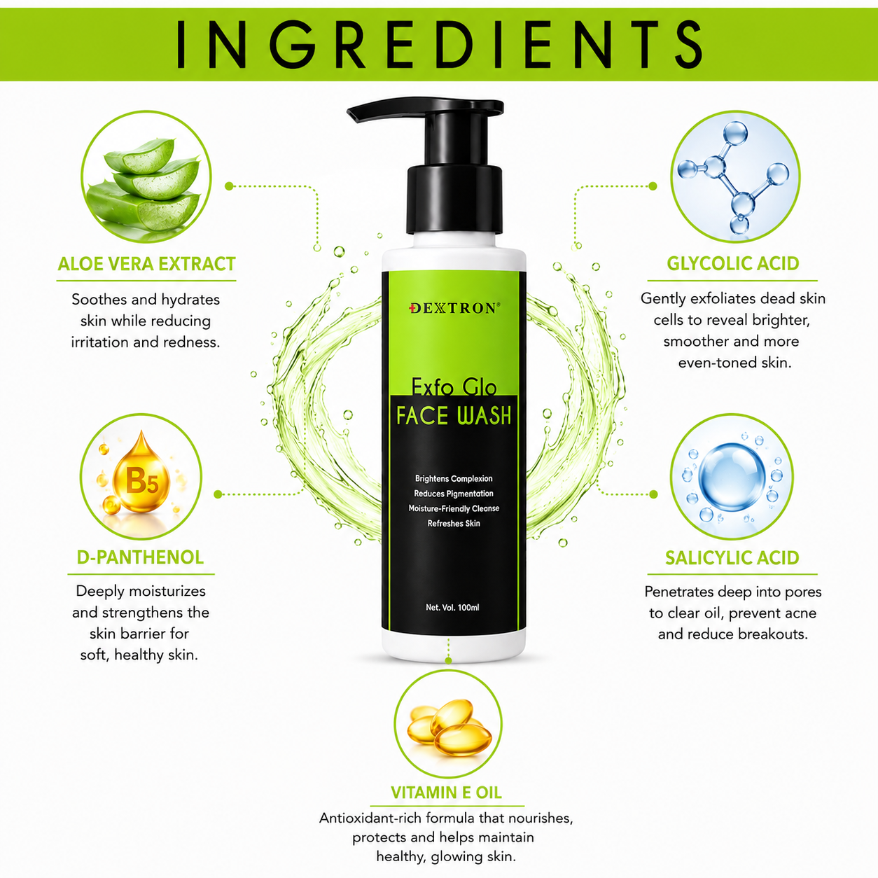 DEXTRON Exfo Glo Face Wash | Brightening & Gentle Exfoliating Cleanser | Reduces Pigmentation & Refreshes Skin | 100ml