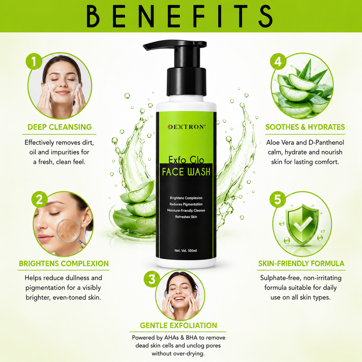 DEXTRON Exfo Glo Face Wash | Brightening & Gentle Exfoliating Cleanser | Reduces Pigmentation & Refreshes Skin | 100ml