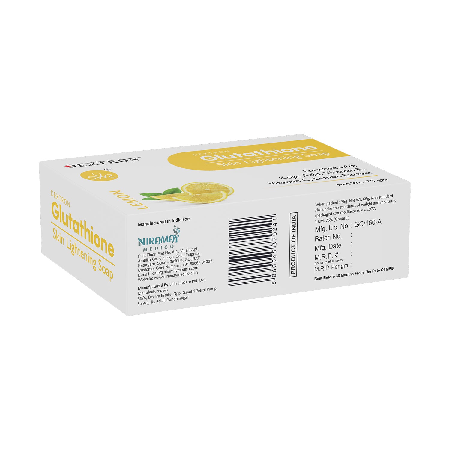 DEXTRON Glutathione Lemon Skin Lightening Soap with Kojic Acid, Vitamin C & Vitamin E – 75 gm