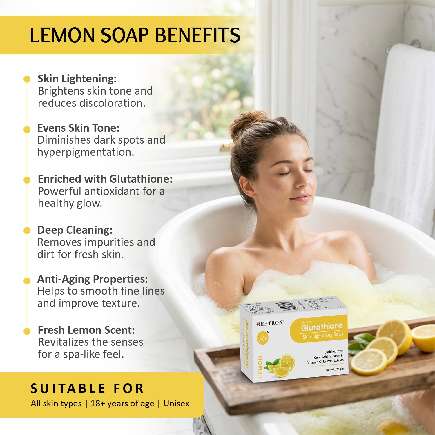 DEXTRON Glutathione Lemon Skin Lightening Soap with Kojic Acid, Vitamin C & Vitamin E – 75 gm
