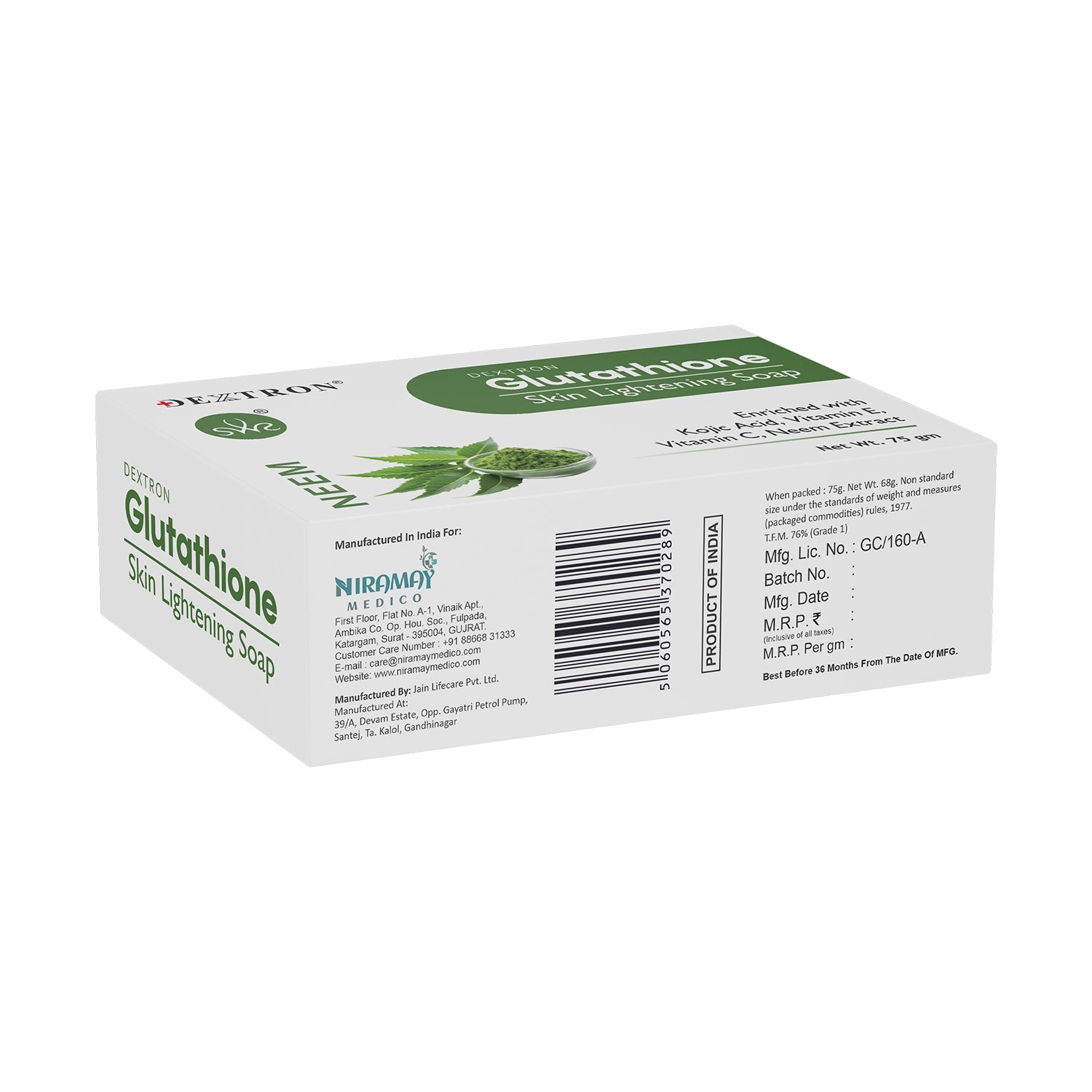 DEXTRON Glutathione Neem Skin Lightening Soap with Kojic Acid, Vitamin C & Vitamin E for Fresh & Clear Looking Skin – 75 gm