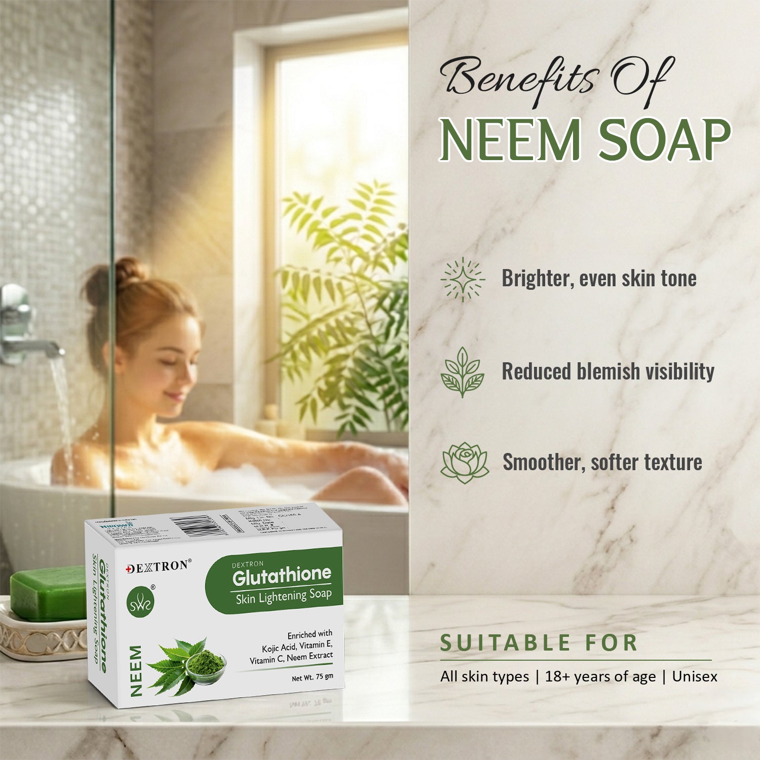 DEXTRON Glutathione Neem Skin Lightening Soap with Kojic Acid, Vitamin C & Vitamin E for Fresh & Clear Looking Skin – 75 gm