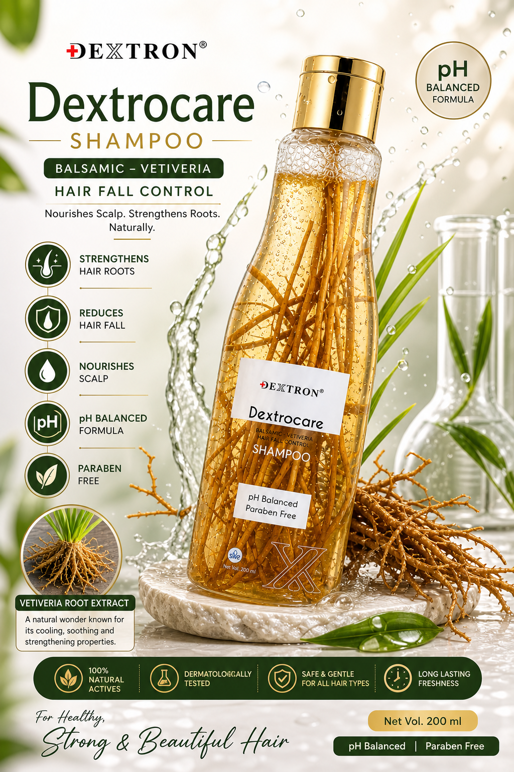 Dextrocare Balsamic-Vetiveria Hair Fall Control Shampoo | pH Balanced & Paraben Free Shampoo for Strong Healthy Hair | 200ml