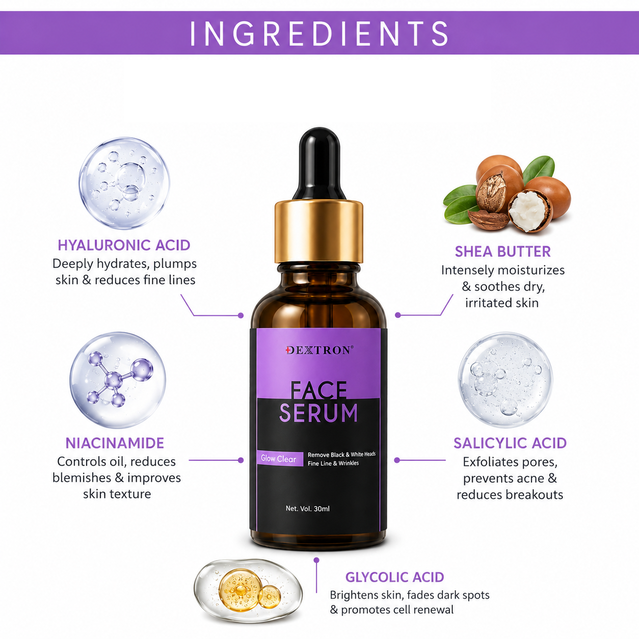 DEXTRON Glow Clear Face Serum | Hydrating & Acne Control Serum | Reduces Blackheads, Blemishes & Fine Lines | 30ml