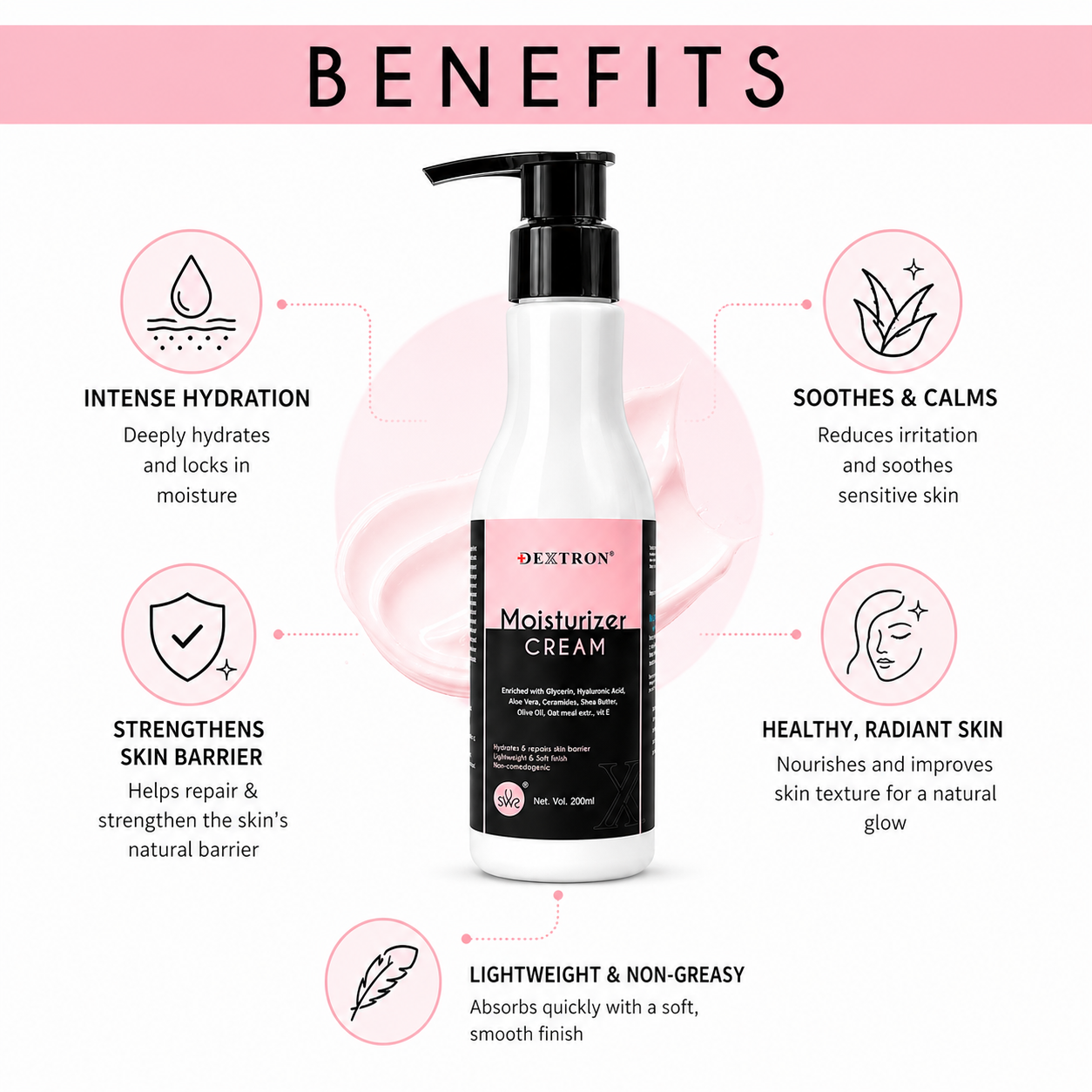 DEXTRON Moisturizer Cream | Hydrating & Nourishing Face Moisturizer | Lightweight Non-Greasy Formula | 200ml