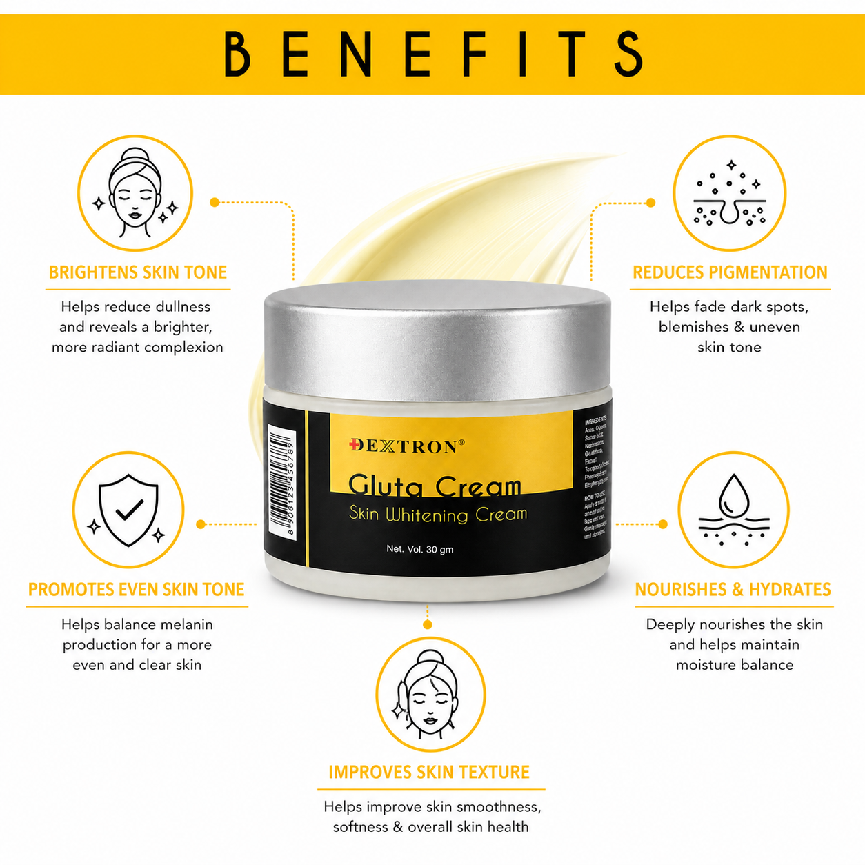 DEXTRON Gluta Cream | Brightening & Pigmentation Reduction Cream | Smooth & Even Skin Tone | 30gm