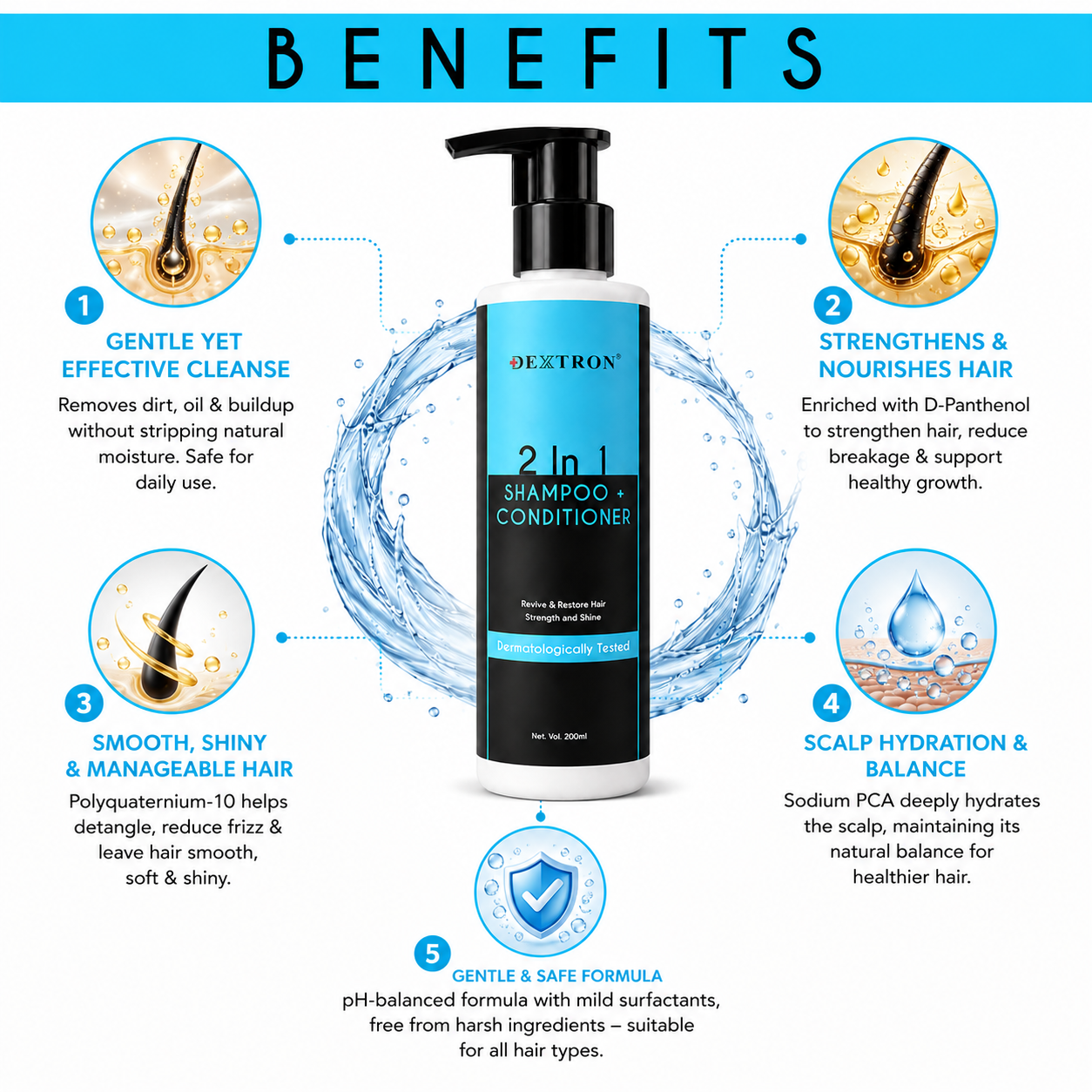 DEXTRON 2 In 1 Shampoo + Conditioner | Hair Strength & Shine Formula | Dermatologically Tested | 200ml