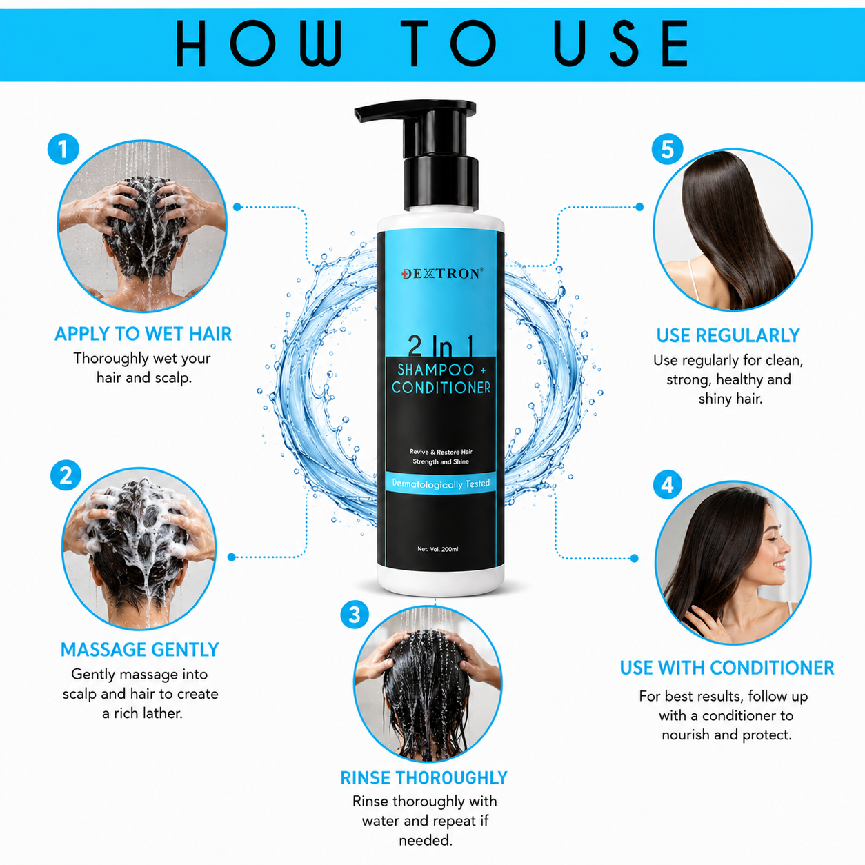 DEXTRON 2 In 1 Shampoo + Conditioner | Hair Strength & Shine Formula | Dermatologically Tested | 200ml