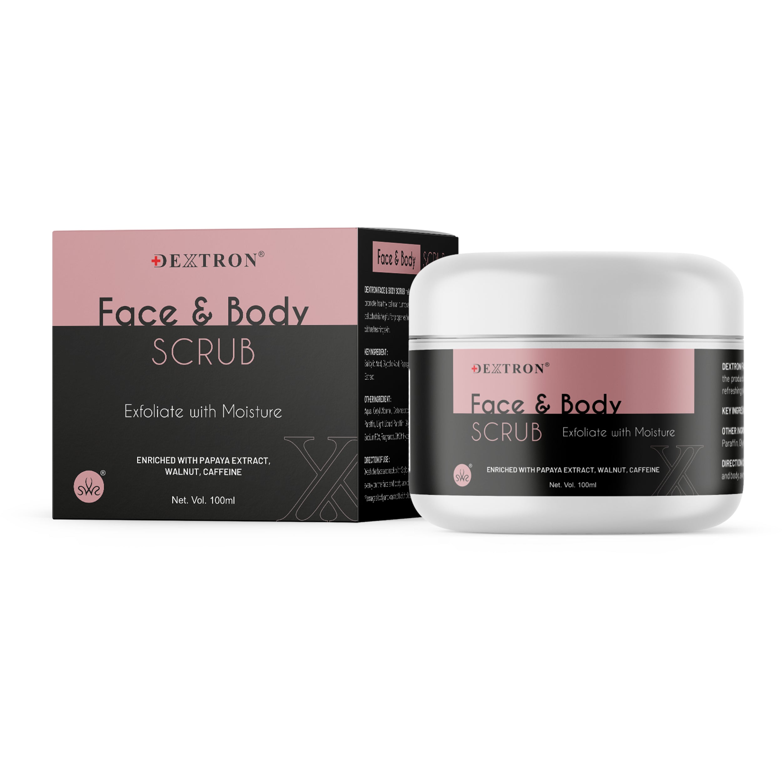 Dextron Face & Body Scrub – Exfoliate with Moisture | Papaya, Walnut & Caffeine | 100 Gm
