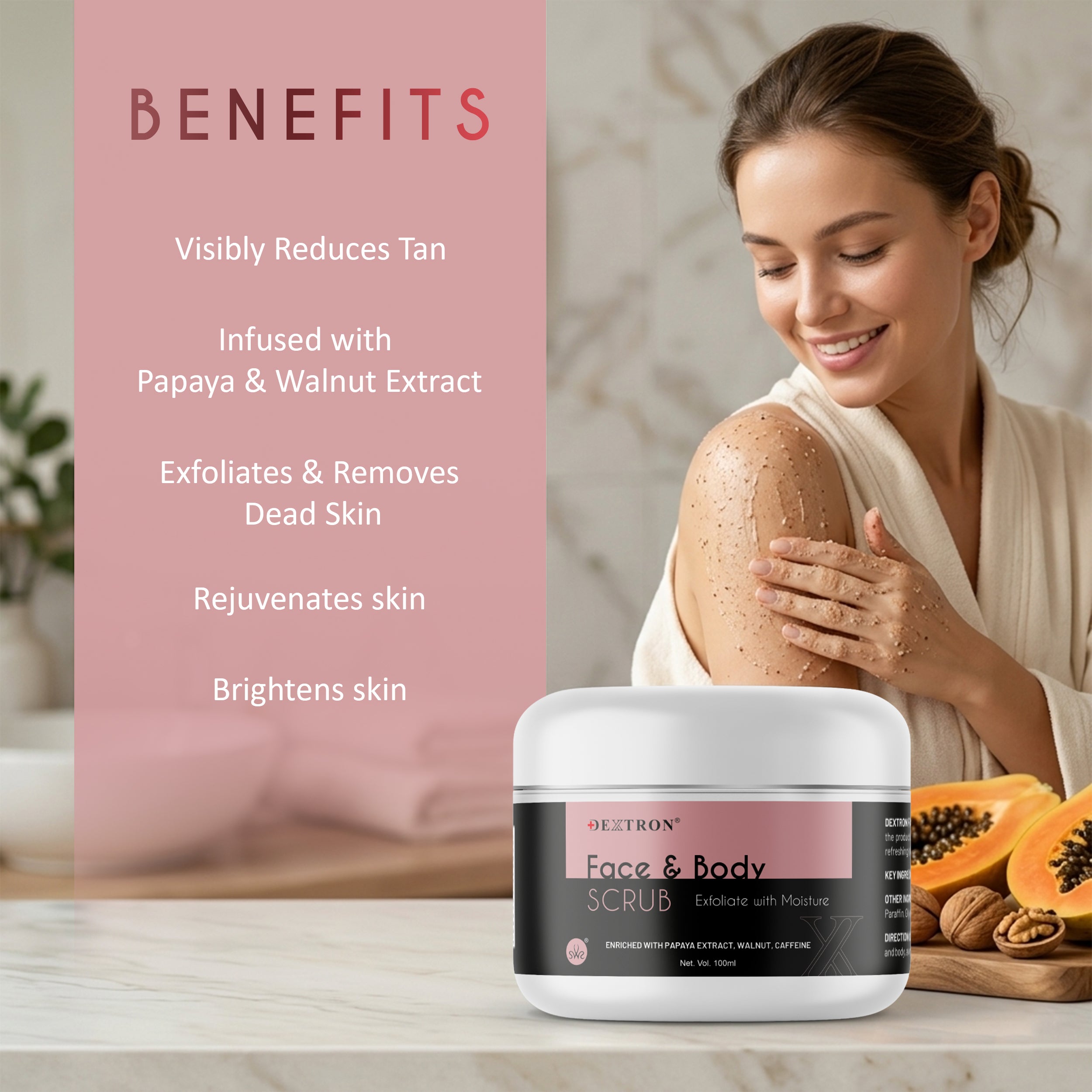 Dextron Face & Body Scrub – Exfoliate with Moisture | Papaya, Walnut & Caffeine | 100 Gm