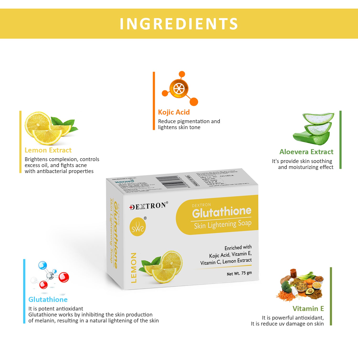 DEXTRON Glutathione Lemon Skin Lightening Soap with Kojic Acid, Vitamin C & Vitamin E – 75 gm